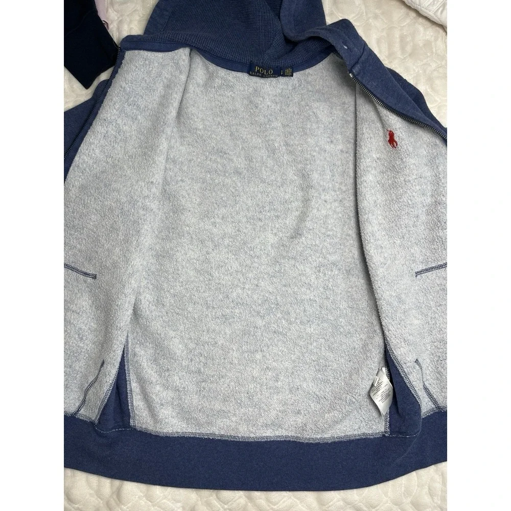 Polo RL Full Zip Blue Hooded Jacket Fleece Lined Red Pony Heavyweight Size S EUC